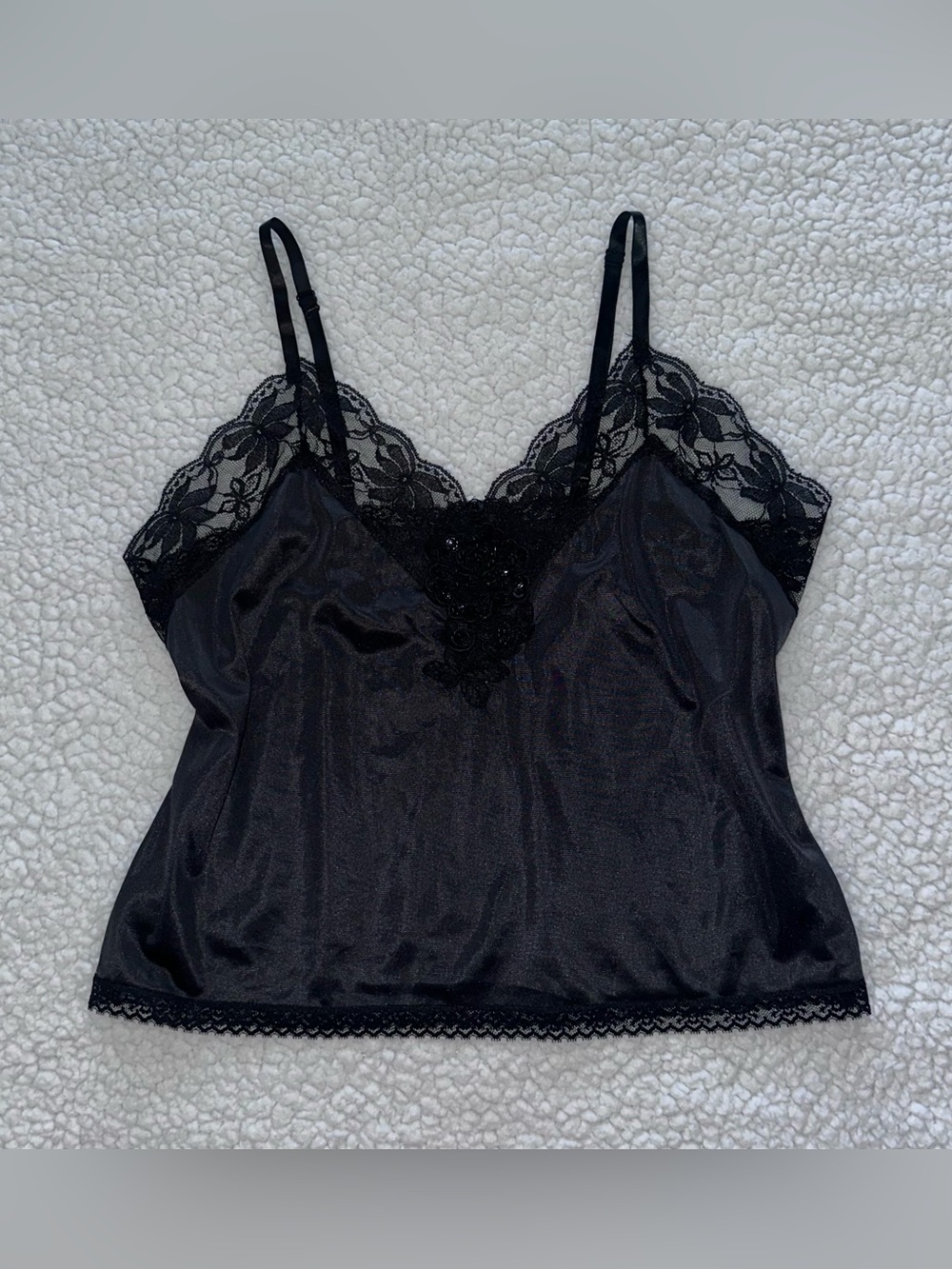 VTG Black Lace Trim Satin Cami top embellished goth whimsy fairy whimsygoth M